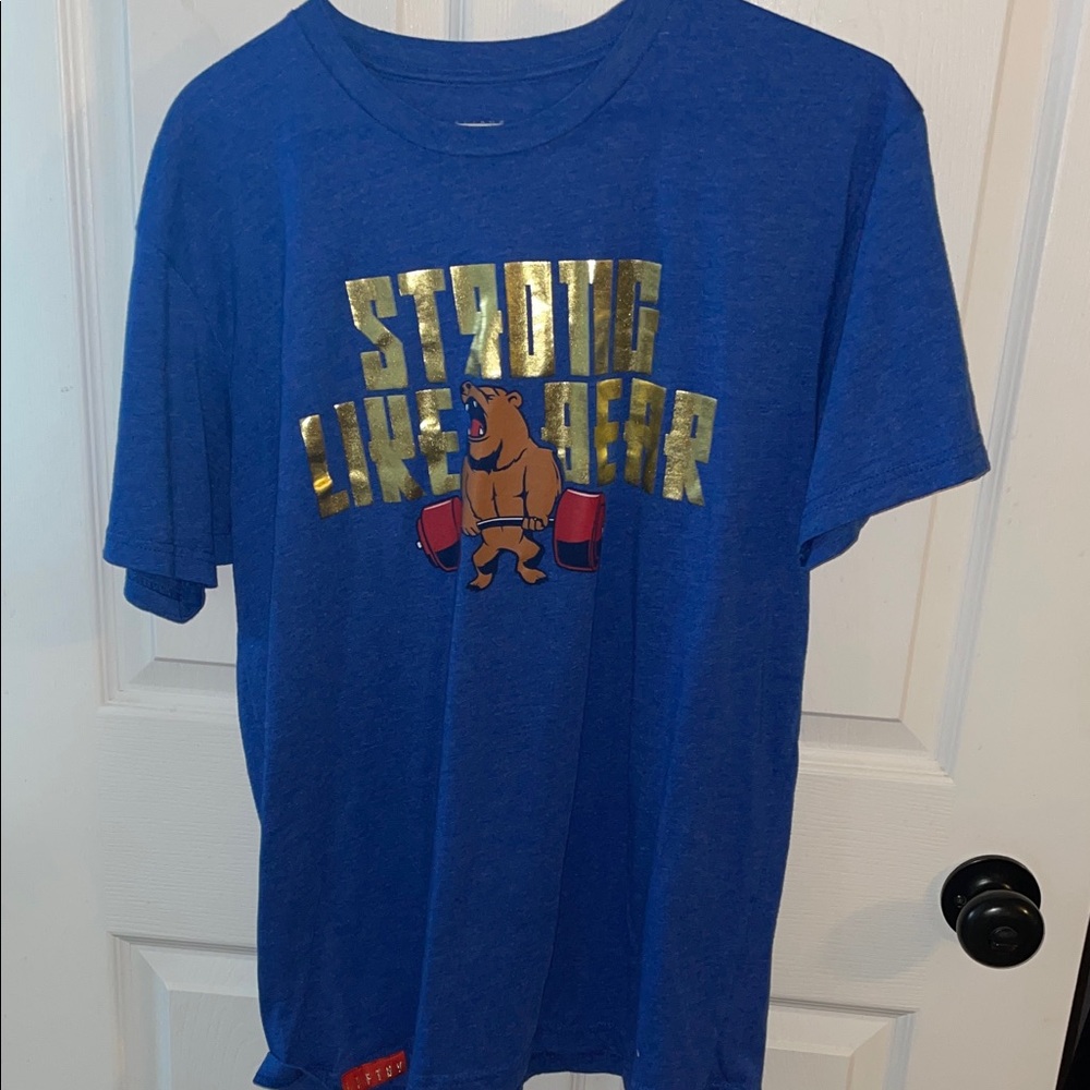 Blue Short Sleeve Tee with Gold 'Strong Like Bear' Graphic